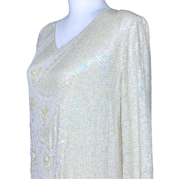 Vintage 100% Silk Ivory 70s 80s Fully Beaded Sequin Long Sleeve Dress - Picture 10 of 15